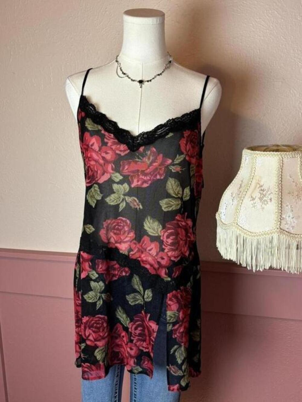 grunge fairy low v back dress top red black sz large lace slit lolita floral
